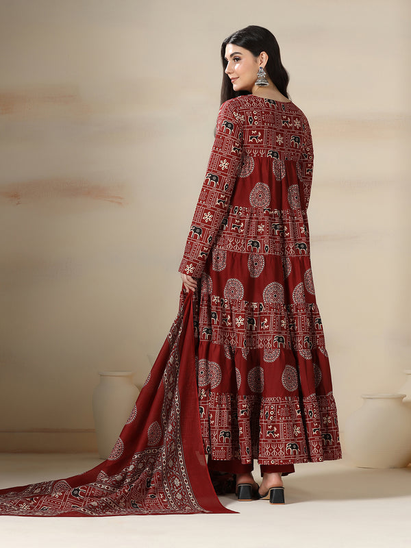 Maroon Rayon Printed Round Neck Full Sleeves Calf Length Flared Kurta Pant And Dupatta Set Mizazjaipur