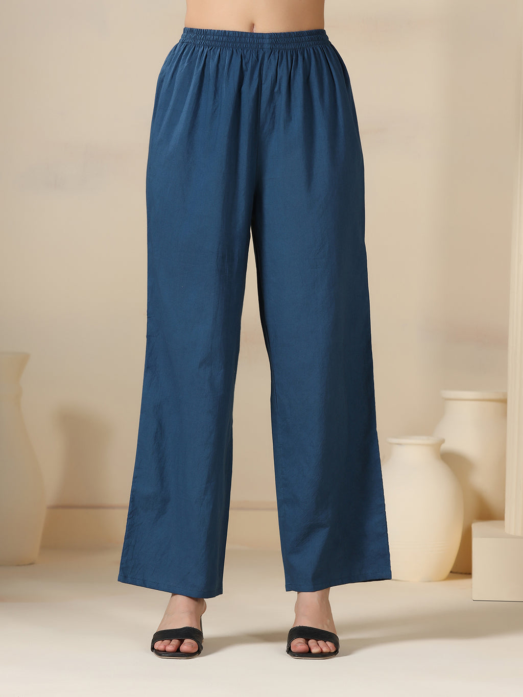 Blue Pure Cotton Printed V-Neck 3/4 Sleeves Calf Length Flared Kurta Pant And Dupatta Set Mizazjaipur