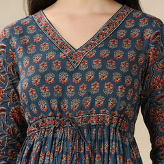 Blue Pure Cotton Printed V-Neck 3/4 Sleeves Calf Length Flared Kurta Pant And Dupatta Set Mizazjaipur