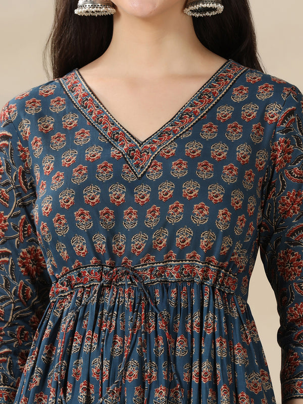 Blue Pure Cotton Printed V-Neck 3/4 Sleeves Calf Length Flared Kurta Pant And Dupatta Set Mizazjaipur