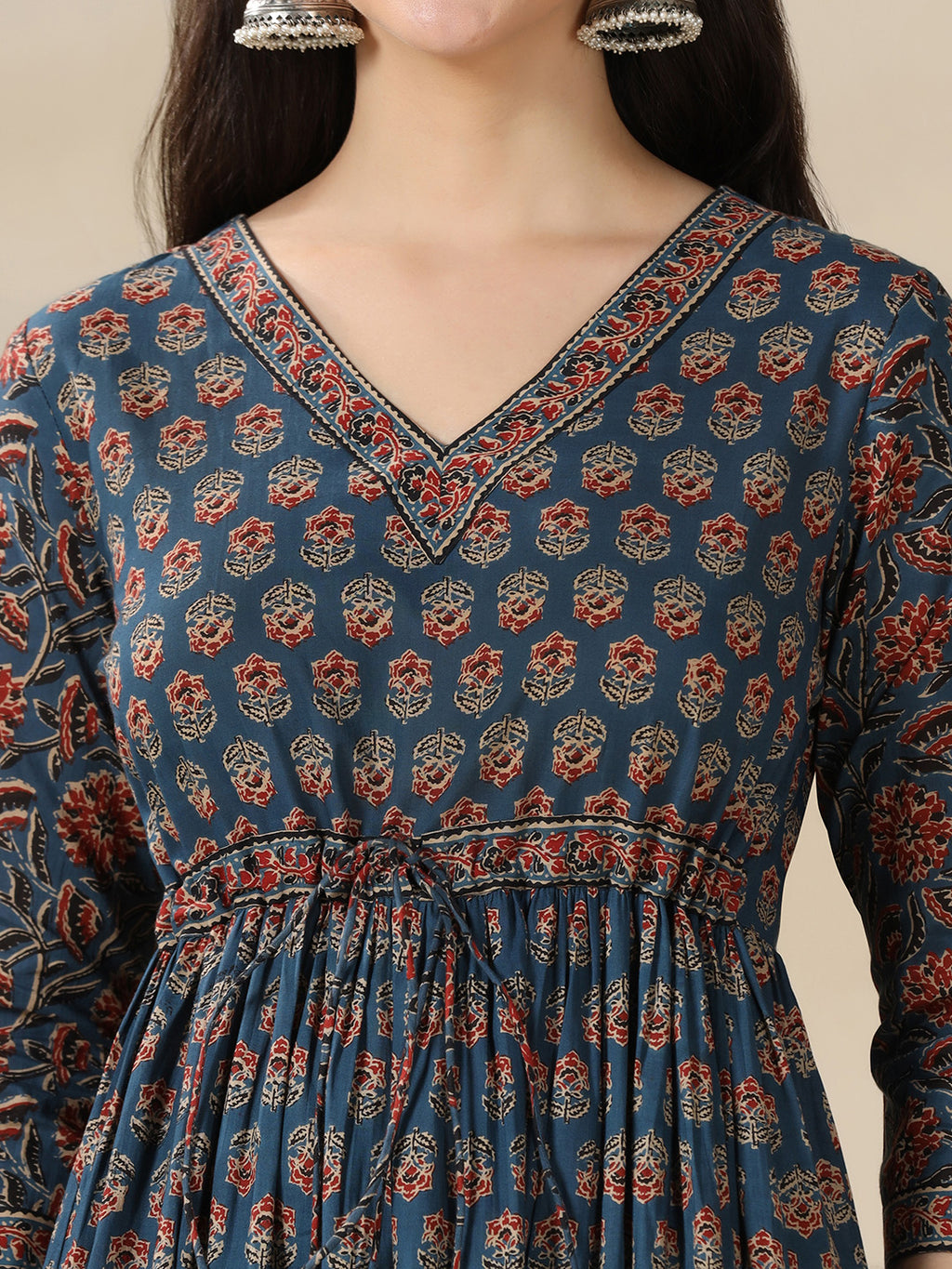 Blue Pure Cotton Printed V-Neck 3/4 Sleeves Calf Length Flared Kurta Pant And Dupatta Set Mizazjaipur