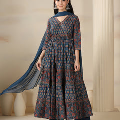 Blue Pure Cotton Printed V-Neck 3/4 Sleeves Calf Length Flared Kurta Pant And Dupatta Set Mizazjaipur