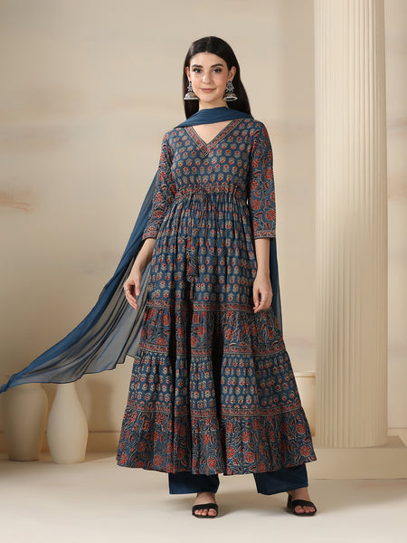Blue Pure Cotton Printed V-Neck 3/4 Sleeves Calf Length Flared Kurta Pant And Dupatta Set Mizazjaipur