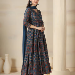 Blue Pure Cotton Printed V-Neck 3/4 Sleeves Calf Length Flared Kurta Pant And Dupatta Set Mizazjaipur