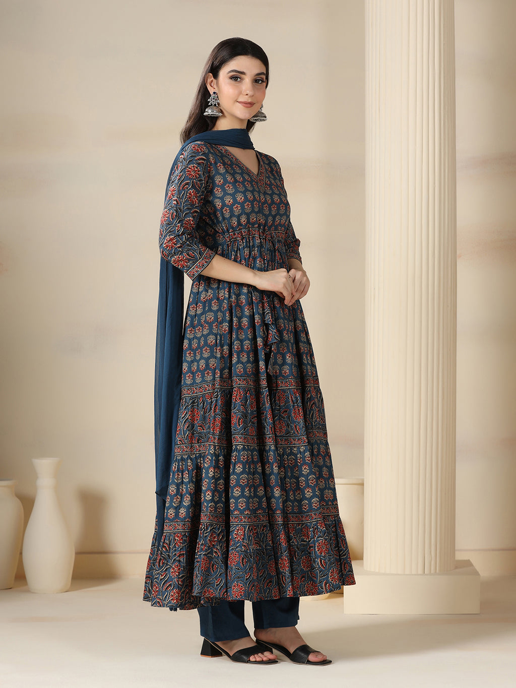 Blue Pure Cotton Printed V-Neck 3/4 Sleeves Calf Length Flared Kurta Pant And Dupatta Set Mizazjaipur