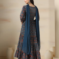 Blue Pure Cotton Printed V-Neck 3/4 Sleeves Calf Length Flared Kurta Pant And Dupatta Set Mizazjaipur