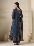 Blue Pure Cotton Printed V-Neck 3/4 Sleeves Calf Length Flared Kurta Pant And Dupatta Set Mizazjaipur