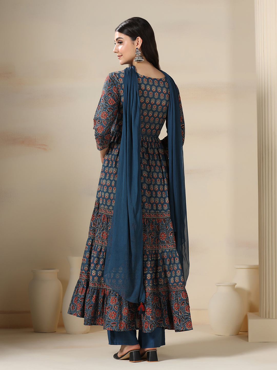Blue Pure Cotton Printed V-Neck 3/4 Sleeves Calf Length Flared Kurta Pant And Dupatta Set Mizazjaipur