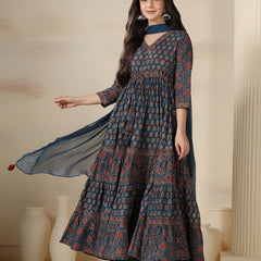 Blue Pure Cotton Printed V-Neck 3/4 Sleeves Calf Length Flared Kurta Pant And Dupatta Set 2XL Mizazjaipur