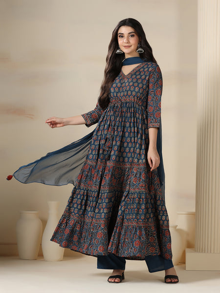 Blue Pure Cotton Printed V-Neck 3/4 Sleeves Calf Length Flared Kurta Pant And Dupatta Set 2XL Mizazjaipur