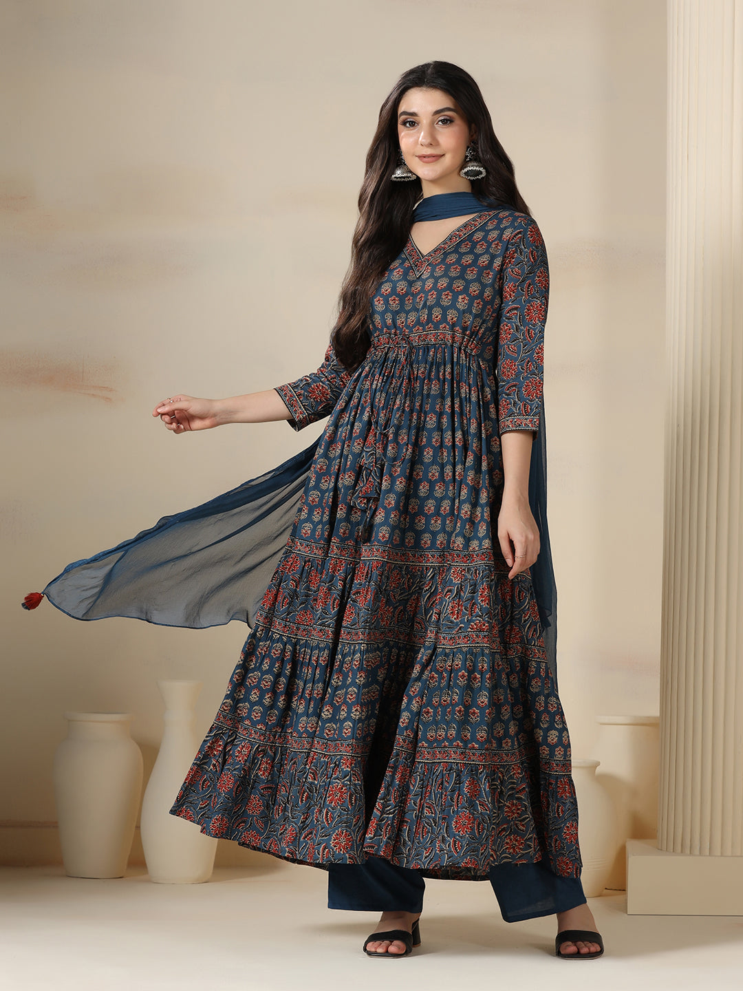 Blue Pure Cotton Printed V-Neck 3/4 Sleeves Calf Length Flared Kurta Pant And Dupatta Set 2XL Mizazjaipur