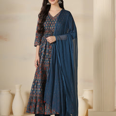 Blue Pure Cotton Printed V-Neck 3/4 Sleeves Calf Length Flared Kurta Pant And Dupatta Set Mizazjaipur