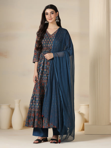 Blue Pure Cotton Printed V-Neck 3/4 Sleeves Calf Length Flared Kurta Pant And Dupatta Set Mizazjaipur