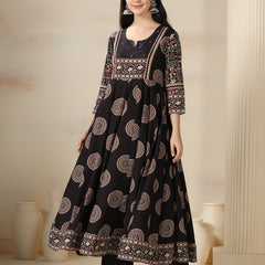 Black Rayon Printed Mirror Work Round Neck 3/4 Sleeves Calf Length Flared Kurta Pant And Dupatta Set Mizazjaipur