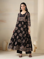 Black Rayon Printed Mirror Work Round Neck 3/4 Sleeves Calf Length Flared Kurta Pant And Dupatta Set Mizazjaipur
