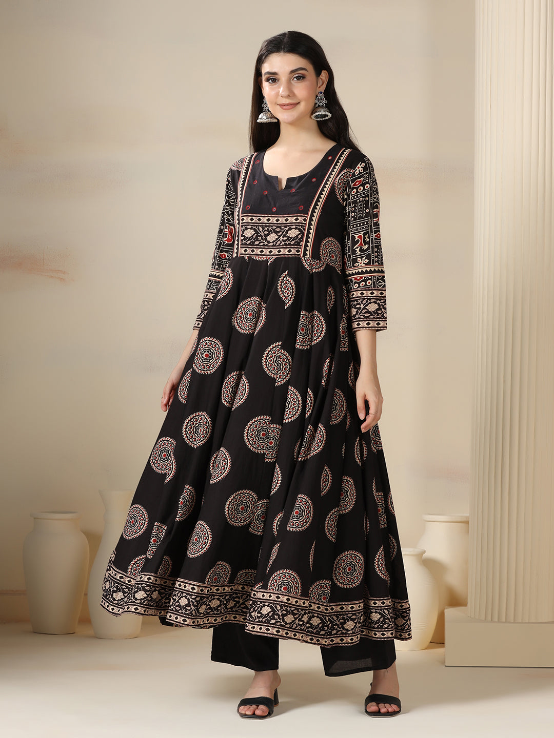 Black Rayon Printed Mirror Work Round Neck 3/4 Sleeves Calf Length Flared Kurta Pant And Dupatta Set Mizazjaipur