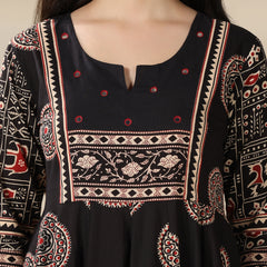 Black Rayon Printed Mirror Work Round Neck 3/4 Sleeves Calf Length Flared Kurta Pant And Dupatta Set Mizazjaipur