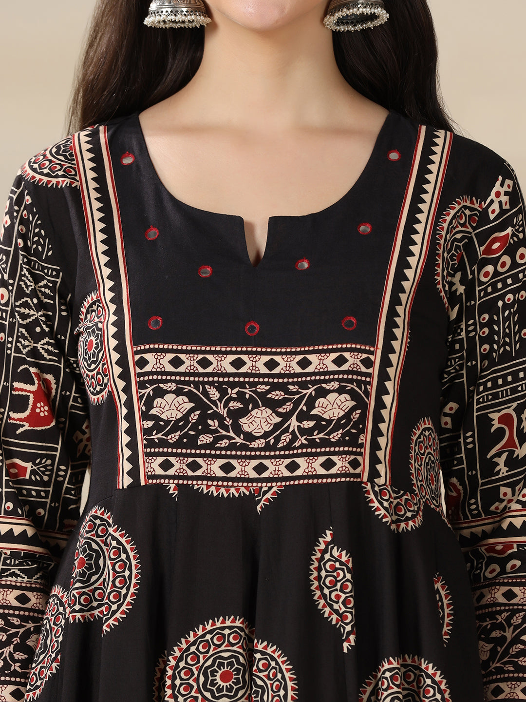 Black Rayon Printed Mirror Work Round Neck 3/4 Sleeves Calf Length Flared Kurta Pant And Dupatta Set Mizazjaipur