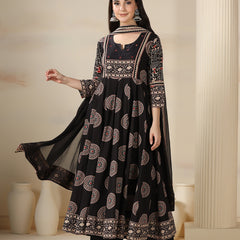 Black Rayon Printed Mirror Work Round Neck 3/4 Sleeves Calf Length Flared Kurta Pant And Dupatta Set Mizazjaipur