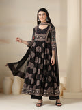 Black Rayon Printed Mirror Work Round Neck 3/4 Sleeves Calf Length Flared Kurta Pant And Dupatta Set Mizazjaipur