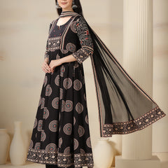 Black Rayon Printed Mirror Work Round Neck 3/4 Sleeves Calf Length Flared Kurta Pant And Dupatta Set Mizazjaipur