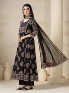 Black Rayon Printed Mirror Work Round Neck 3/4 Sleeves Calf Length Flared Kurta Pant And Dupatta Set Mizazjaipur