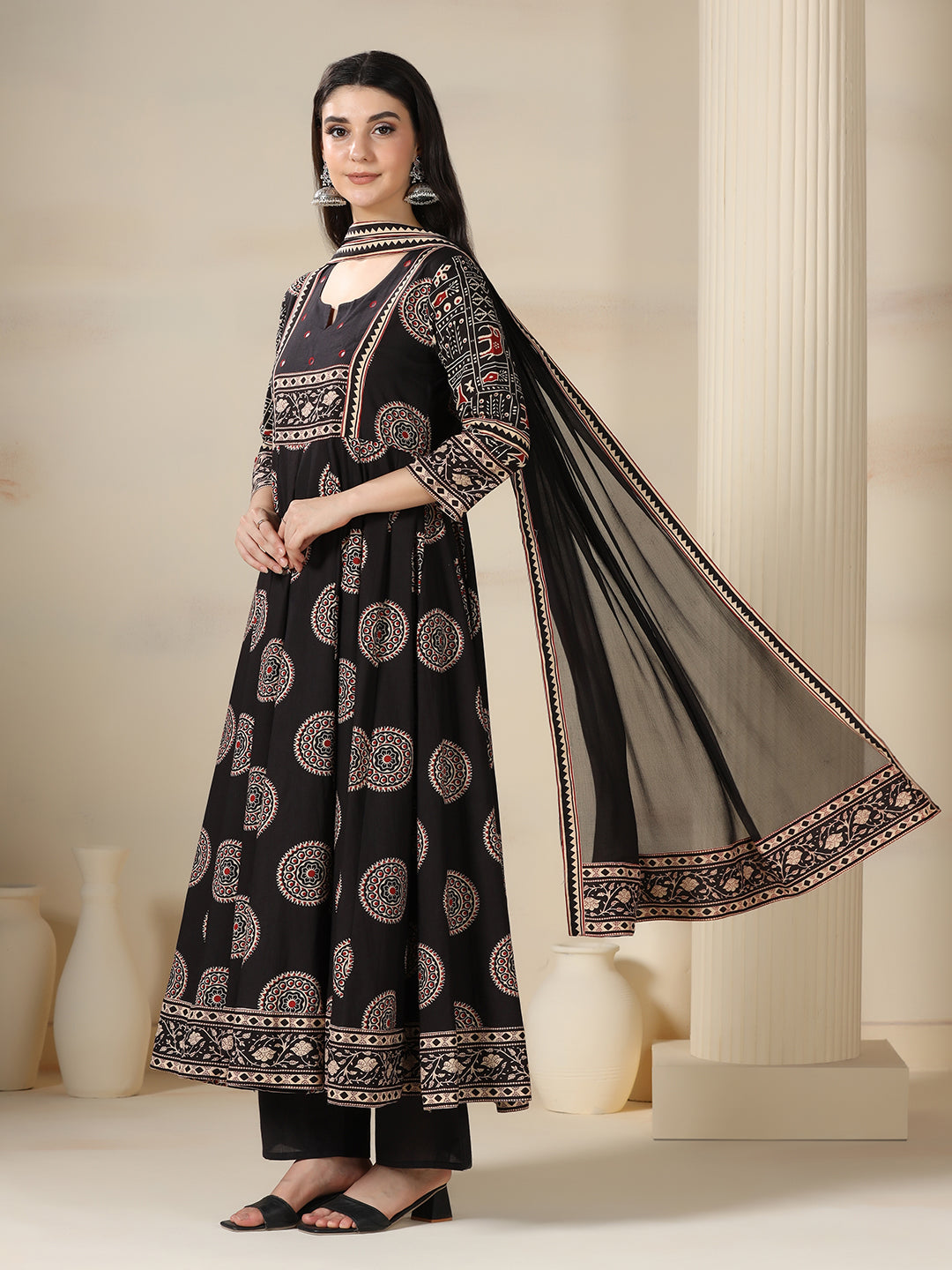 Black Rayon Printed Mirror Work Round Neck 3/4 Sleeves Calf Length Flared Kurta Pant And Dupatta Set Mizazjaipur