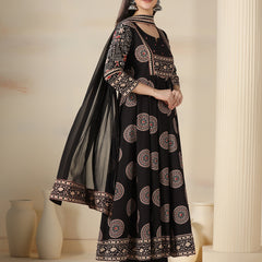 Black Rayon Printed Mirror Work Round Neck 3/4 Sleeves Calf Length Flared Kurta Pant And Dupatta Set Mizazjaipur