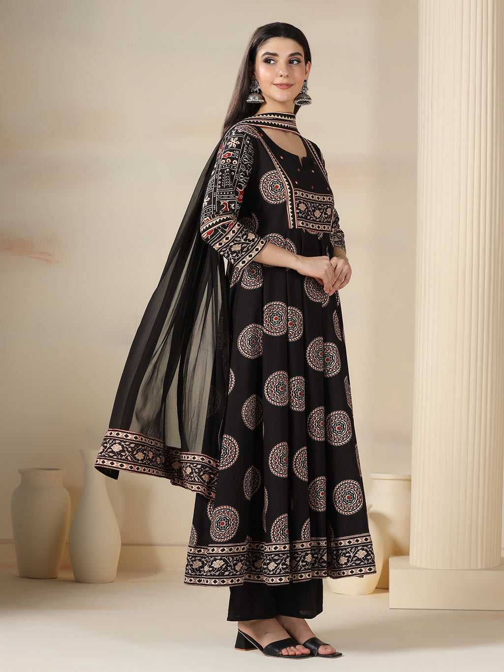 Black Rayon Printed Mirror Work Round Neck 3/4 Sleeves Calf Length Flared Kurta Pant And Dupatta Set Mizazjaipur