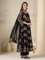 Black Rayon Printed Mirror Work Round Neck 3/4 Sleeves Calf Length Flared Kurta Pant And Dupatta Set Mizazjaipur