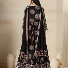 Black Rayon Printed Mirror Work Round Neck 3/4 Sleeves Calf Length Flared Kurta Pant And Dupatta Set Mizazjaipur
