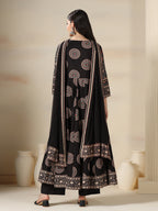 Black Rayon Printed Mirror Work Round Neck 3/4 Sleeves Calf Length Flared Kurta Pant And Dupatta Set Mizazjaipur