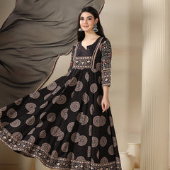 Black Rayon Printed Mirror Work Round Neck 3/4 Sleeves Calf Length Flared Kurta Pant And Dupatta Set Mizazjaipur