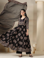Black Rayon Printed Mirror Work Round Neck 3/4 Sleeves Calf Length Flared Kurta Pant And Dupatta Set Mizazjaipur