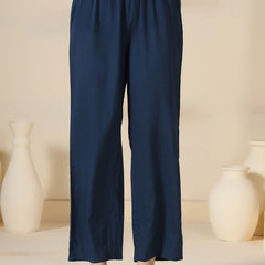 Blue Pure Cotton Printed Mirror Work V-Neck 3/4 Sleeves Calf Length Flared Kurta Pant And Dupatta Set Mizazjaipur