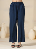 Blue Pure Cotton Printed Mirror Work V-Neck 3/4 Sleeves Calf Length Flared Kurta Pant And Dupatta Set Mizazjaipur