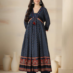 Blue Pure Cotton Printed Mirror Work V-Neck 3/4 Sleeves Calf Length Flared Kurta Pant And Dupatta Set Mizazjaipur