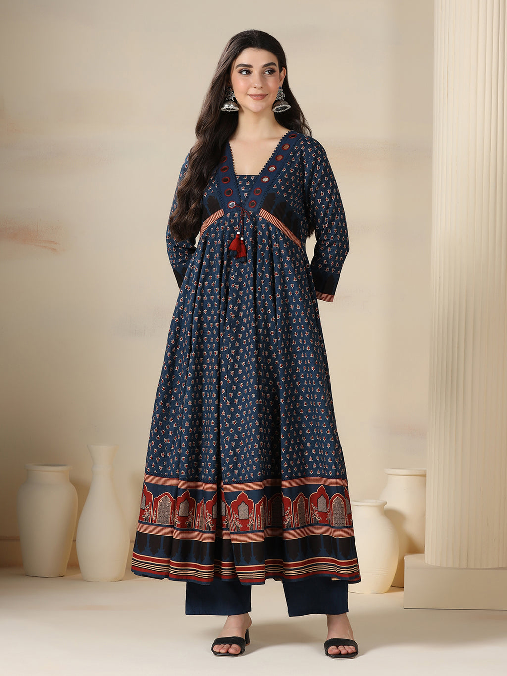 Blue Pure Cotton Printed Mirror Work V-Neck 3/4 Sleeves Calf Length Flared Kurta Pant And Dupatta Set Mizazjaipur