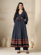 Blue Pure Cotton Printed Mirror Work V-Neck 3/4 Sleeves Calf Length Flared Kurta Pant And Dupatta Set Mizazjaipur