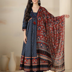 Blue Pure Cotton Printed Mirror Work V-Neck 3/4 Sleeves Calf Length Flared Kurta Pant And Dupatta Set Mizazjaipur