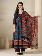 Blue Pure Cotton Printed Mirror Work V-Neck 3/4 Sleeves Calf Length Flared Kurta Pant And Dupatta Set Mizazjaipur