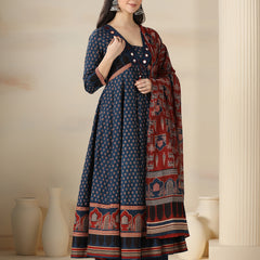 Blue Pure Cotton Printed Mirror Work V-Neck 3/4 Sleeves Calf Length Flared Kurta Pant And Dupatta Set Mizazjaipur