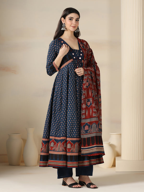 Blue Pure Cotton Printed Mirror Work V-Neck 3/4 Sleeves Calf Length Flared Kurta Pant And Dupatta Set Mizazjaipur