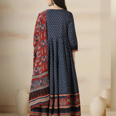 Blue Pure Cotton Printed Mirror Work V-Neck 3/4 Sleeves Calf Length Flared Kurta Pant And Dupatta Set Mizazjaipur