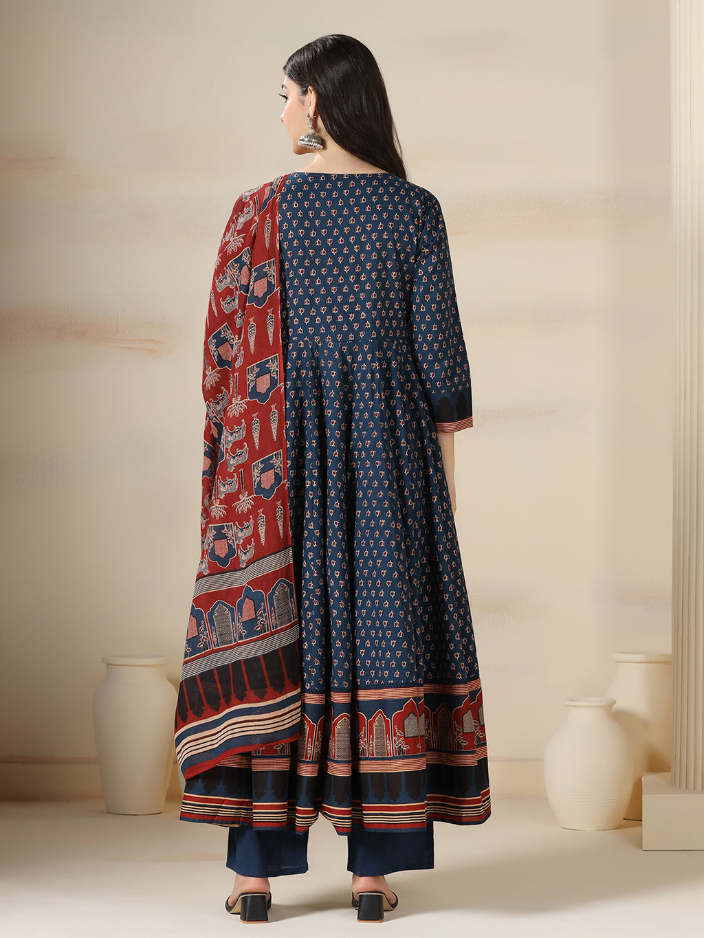 Blue Pure Cotton Printed Mirror Work V-Neck 3/4 Sleeves Calf Length Flared Kurta Pant And Dupatta Set Mizazjaipur
