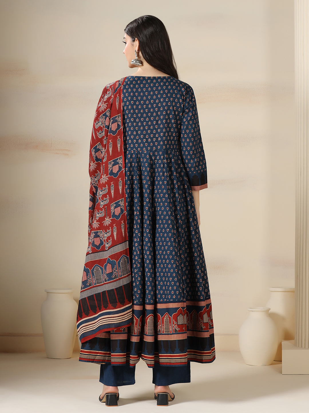 Blue Pure Cotton Printed Mirror Work V-Neck 3/4 Sleeves Calf Length Flared Kurta Pant And Dupatta Set Mizazjaipur