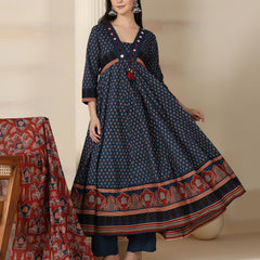 Blue Pure Cotton Printed Mirror Work V-Neck 3/4 Sleeves Calf Length Flared Kurta Pant And Dupatta Set Mizazjaipur
