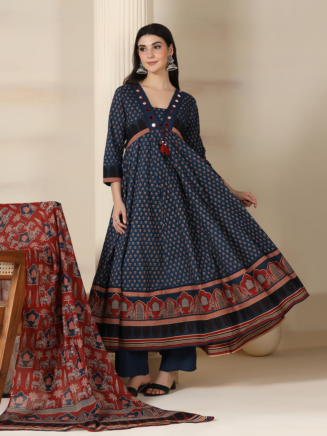 Blue Pure Cotton Printed Mirror Work V-Neck 3/4 Sleeves Calf Length Flared Kurta Pant And Dupatta Set Mizazjaipur