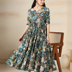 Teal Blue Cotton Printed Round Neck Half Sleeves Calf Length Flared Dress Mizazjaipur
