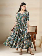 Teal Blue Cotton Printed Round Neck Half Sleeves Calf Length Flared Dress Mizazjaipur